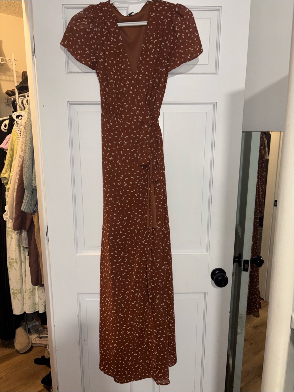 Rust Polka Dot Wrap Maxi Dress with Tie Waist